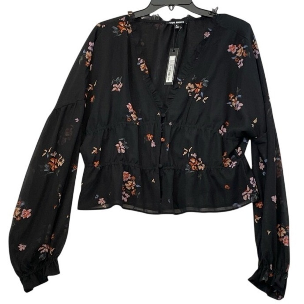 NWT Steve Madden Olly Top Black Large Floral Chiffon Smocked Peplum‎ Blouse